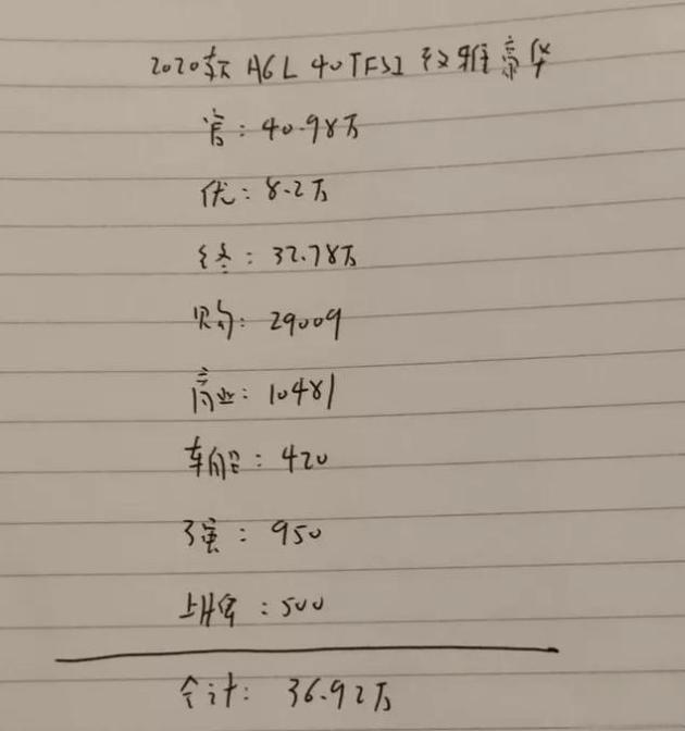 奥迪A6L低配40TFSI，全部落地价36.92万左右，高级性可圈可点-