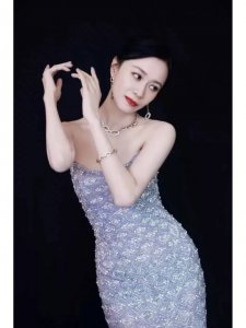 ​倪虹洁浅紫色抹胸礼服写真，裙子镶钻波光粼粼太美了